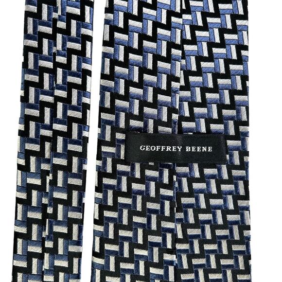 Geoffrey Beene Silk Tie Silver Blue Black Geometric Handmade - Picture 4 of 8